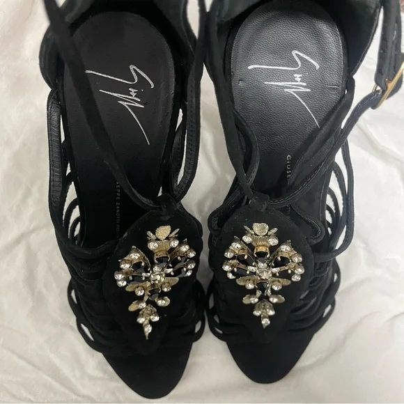 🍸GIUSEPPE ZANOTTI🍸Sexy Black Crystal Embellished T-Bar Sandal Heel - Picture 9 of 12